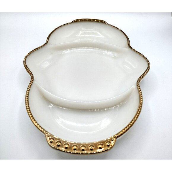 Divided Relish Tray Fire King White Milk Glass Gold Bead Trim Vintage 11 Inch - Picture 5 of 10